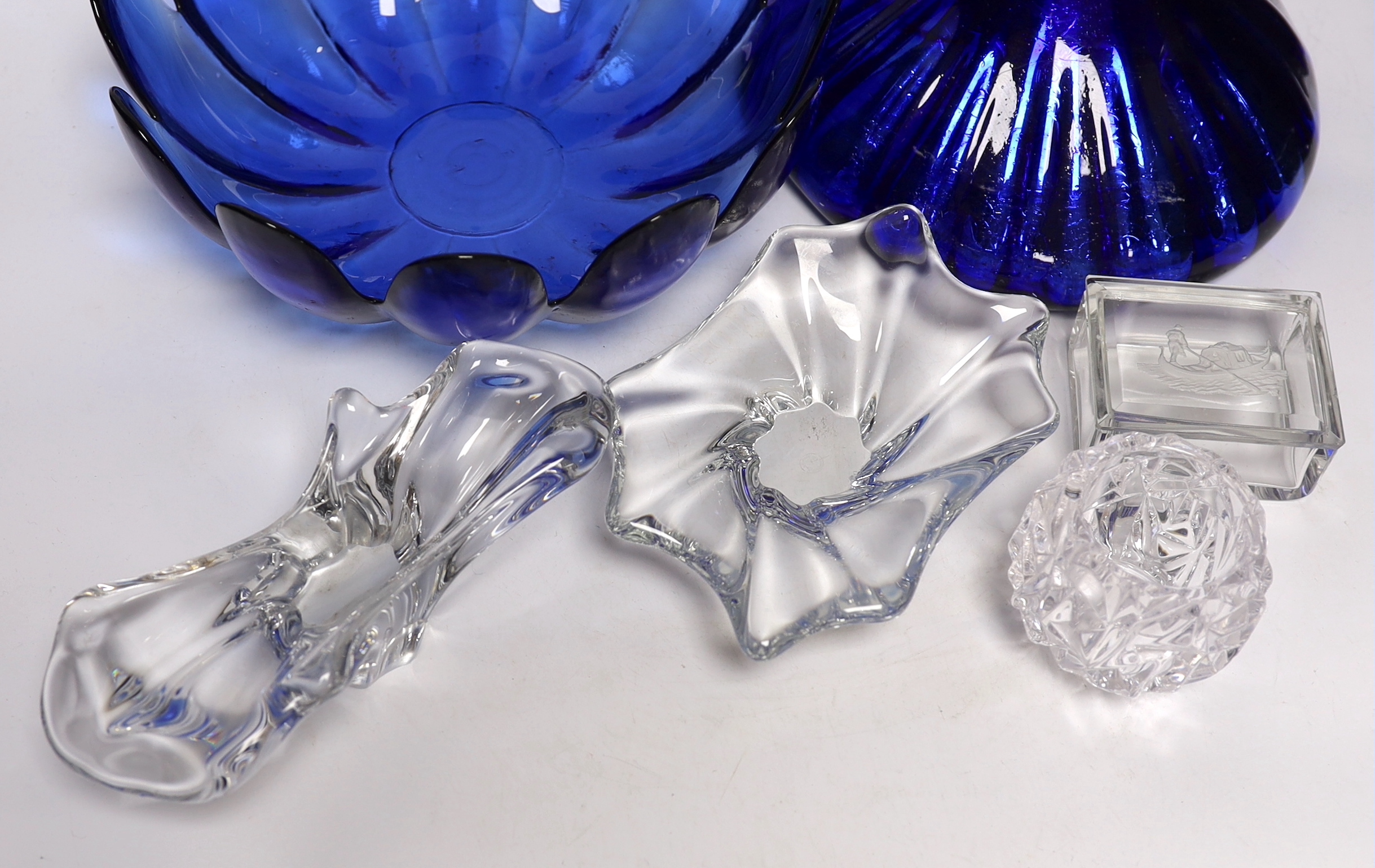 A group of glassware including Small Tiffany vase, two Baccarat dishes and a large blue glass fruit bowl, largest 28cm in diameter